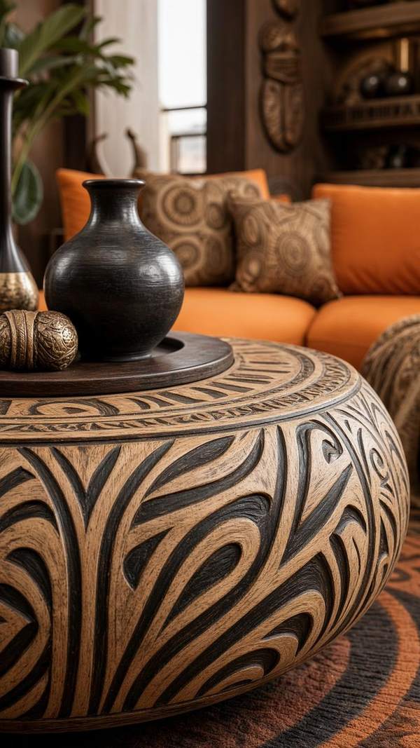 African-inspired living room — carved drum coffee table