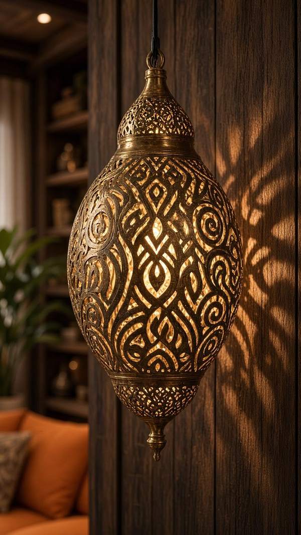 African-inspired living room — pierced brass pendant