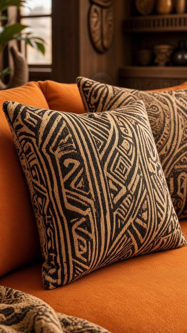 African-inspired living room — mud cloth pillows