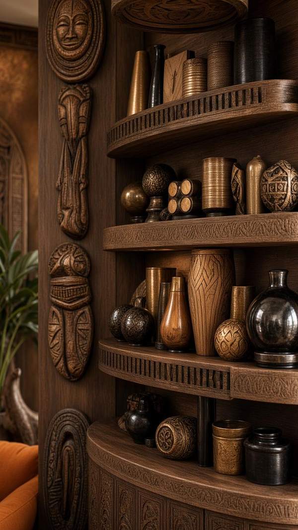African-inspired living room — carved wood shelf styling
