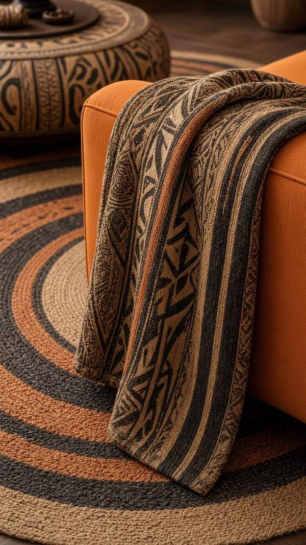 African-inspired living room — throw and round jute rug