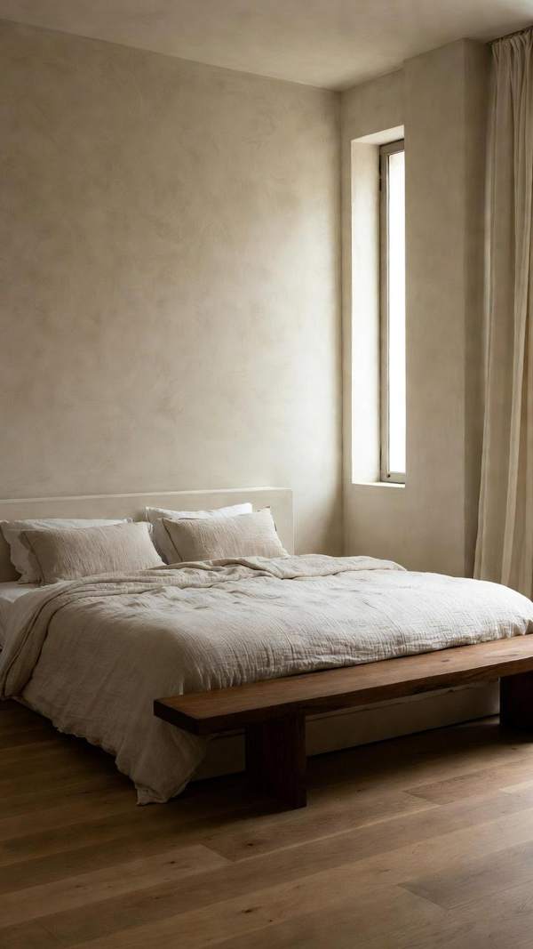Warm minimalist bedroom — soft daylight