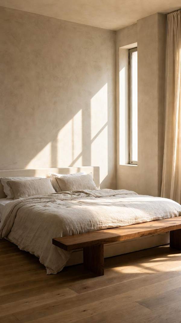 Warm minimalist bedroom — morning sun