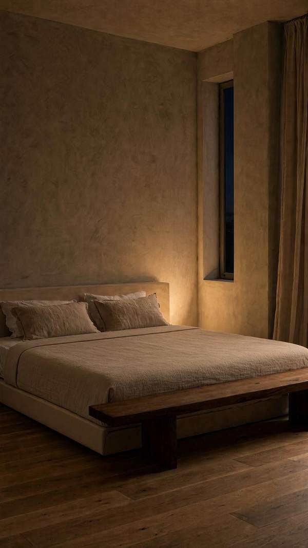 Warm minimalist bedroom — night