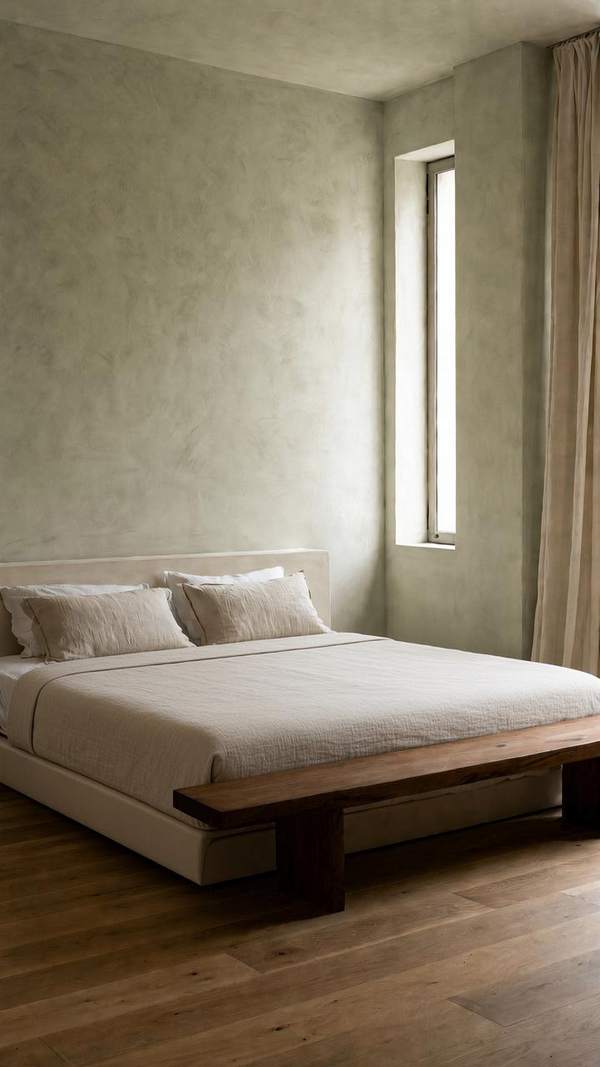 Warm minimalist bedroom — sage walls