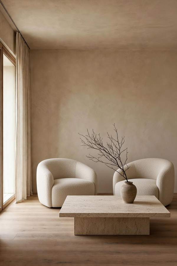 Warm minimalist living room — bouclé armchairs, travertine table