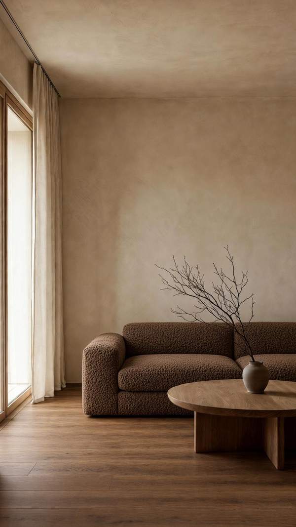 Warm minimalist living room — brown bouclé sofa