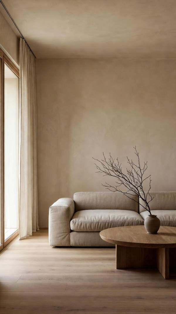 Warm minimalist living room — soft daylight