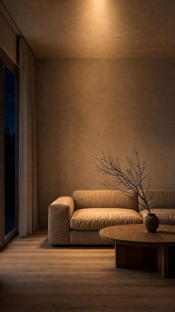 Warm minimalist living room — evening, lamp light