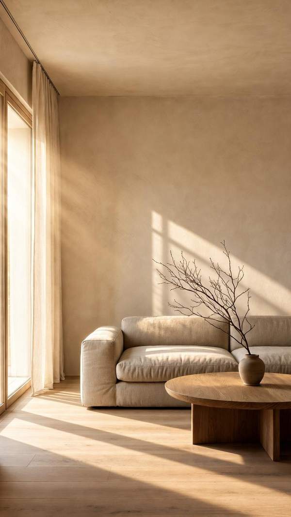 Warm minimalist living room — golden hour