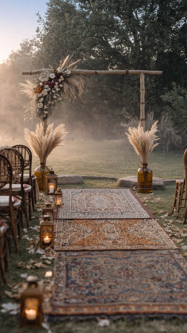 Boho outdoor ceremony — misty morning