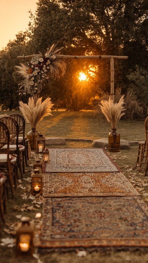 Boho outdoor ceremony — sunset through the arch