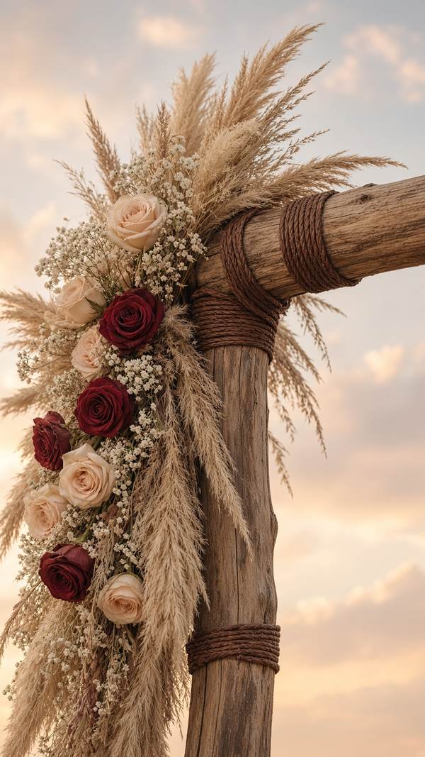 Boho outdoor ceremony — driftwood and rope