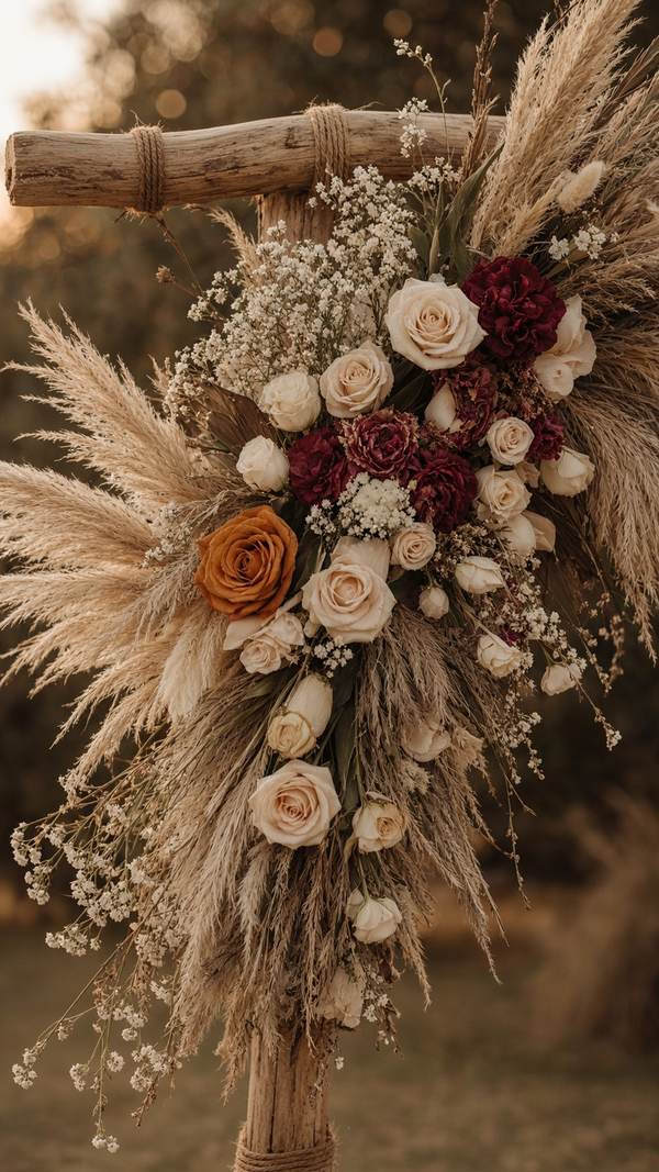 Boho outdoor ceremony — dried florals on the arch