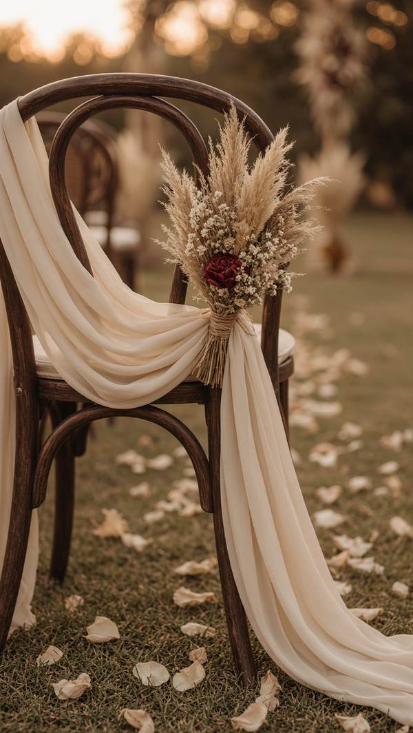 Boho outdoor ceremony — draped chair with a posy