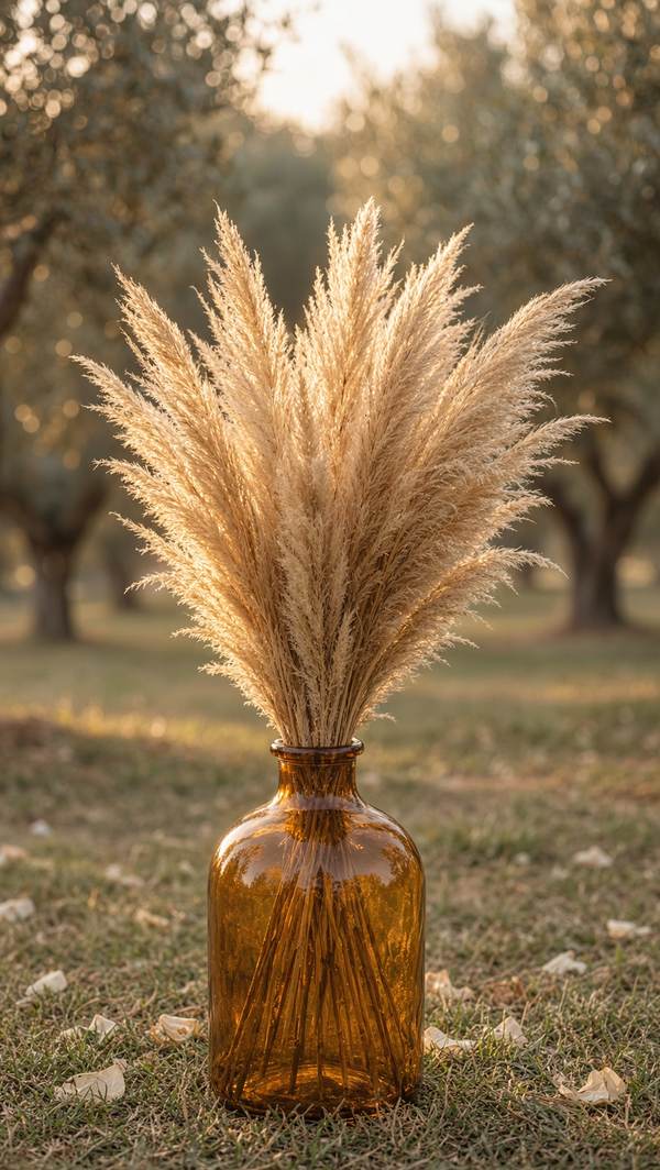 Boho outdoor ceremony — pampas in amber glass